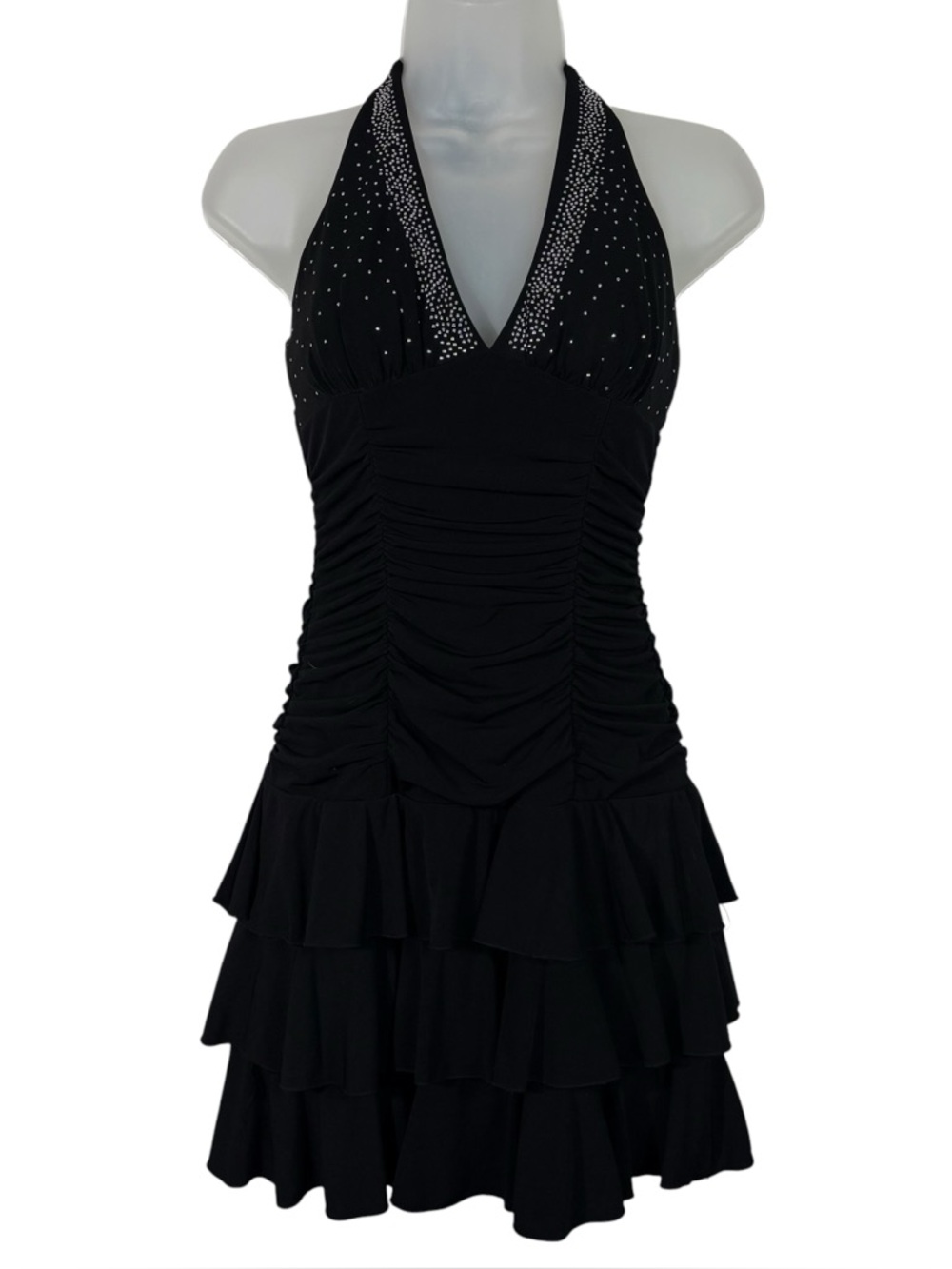 Vintage Y2K XOXO Collection Black Halter Tie Ruffle Mini Dress Party McBling